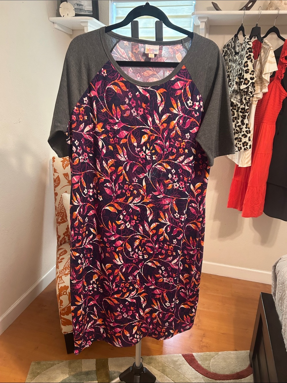 LuLaRoe Julia Purple Floral Raglan Sleeve Midi Dress with Gray Sleeves